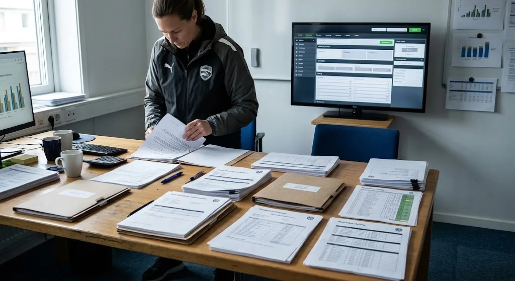 En kvinna i klubbjacka sorterar dokument på ett skrivbord på ett föreningskansli.