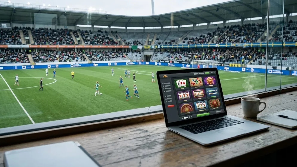 En bärbar dator med en casinolobby står på en bänk med utsikt över en fotbollsarena under match.